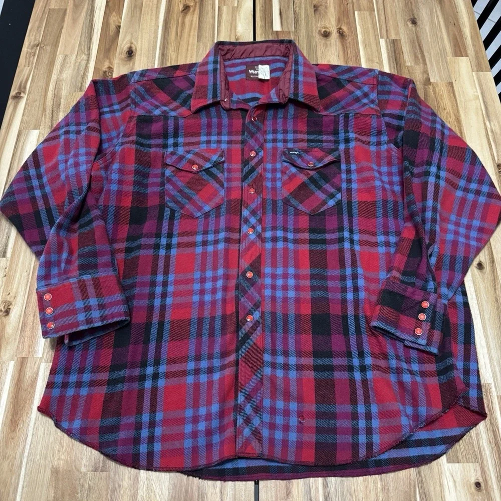 Vintage‎ Wrangler Shirt Jacket Mens 2XL Plaid Fleece Lined Western Snap Flannel
